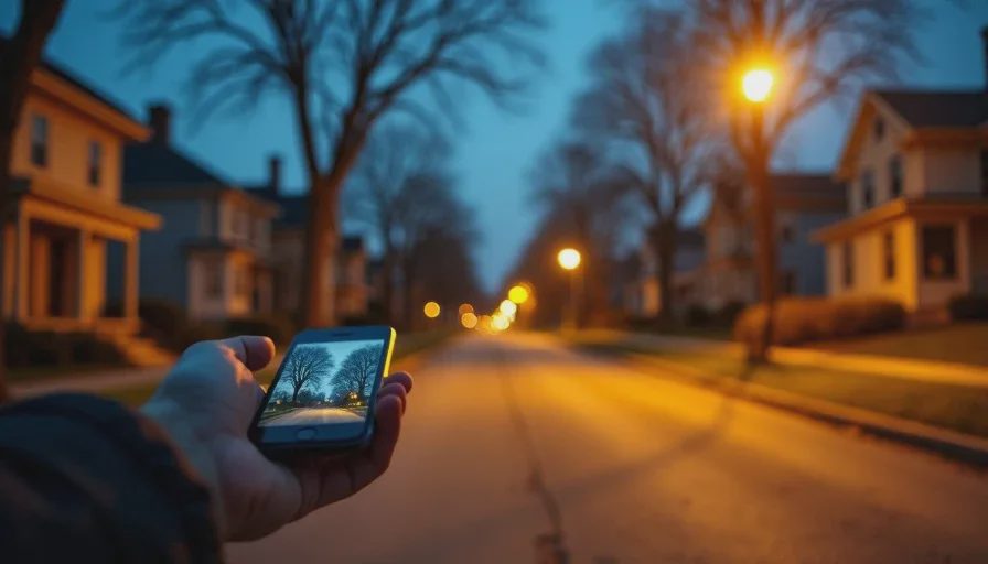 A night walk down a Madison street with a lit phone in hand, streetlights glowing against blue hour