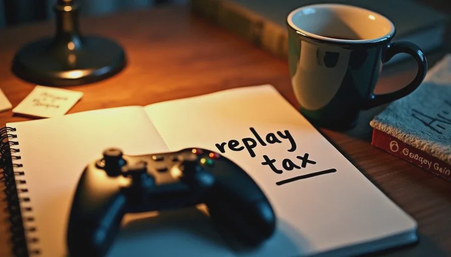 Game controller and open notebook with underlined text reading replay tax on a dark desk under warm lamplight beside a mug of black coffee