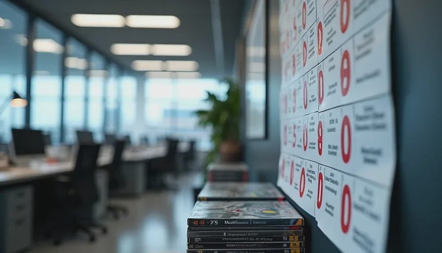 A newsroom wall calendar with review embargo dates circled in red above stacked press kits