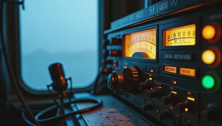 Tidewater Station radio room console with listener log and signal meter at night