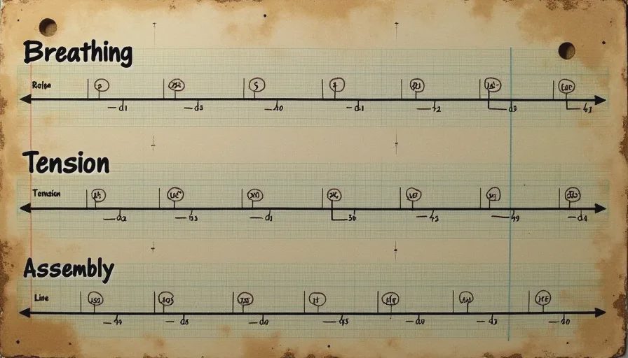 Three checkpoint pacing model timelines drawn on aged graph paper showing Breathing, Tension, and Assembly Line patterns
