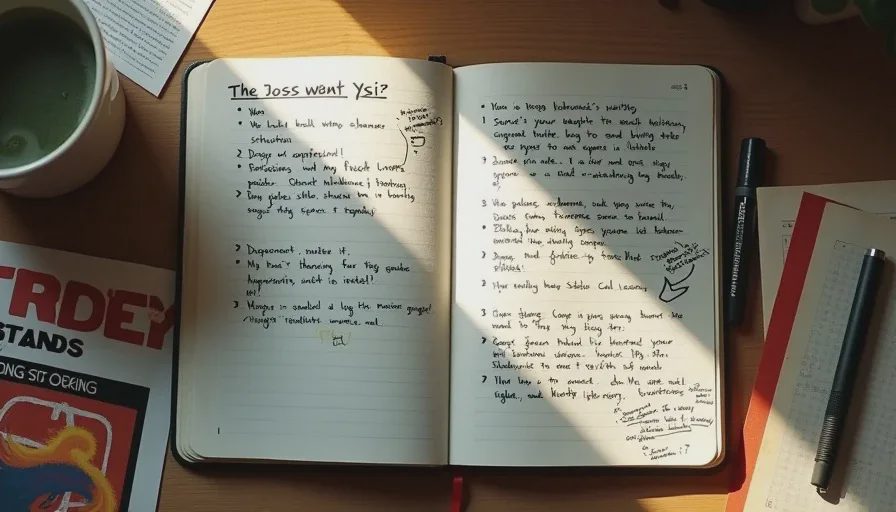 Overhead view of a handwritten notebook page with four game analysis prompts and player annotations connecting tutorial observations to structural conclusions