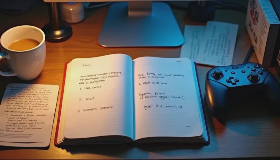 An open reviewer's notebook showing four handwritten review questions on a wooden desk beside a controller and coffee mug under late-night lighting