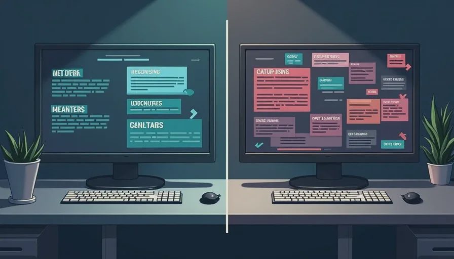 Side-by-side comparison of a clean sequential game tutorial interface versus a cluttered multi-system tutorial interface illustrating pacing analysis concepts