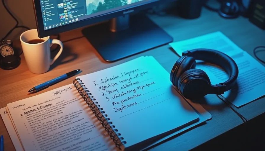 A late-night reviewer's desk with an open notebook of handwritten review questions and a gaming headset under monitor glow