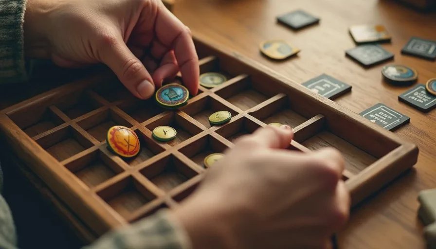 Hands fitting icon tokens into a square grid tray on a wooden game table under warm light