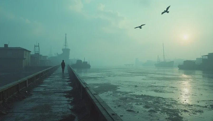 Wide shot of a flooded harbor town at low tide under hazy morning light in Emberline