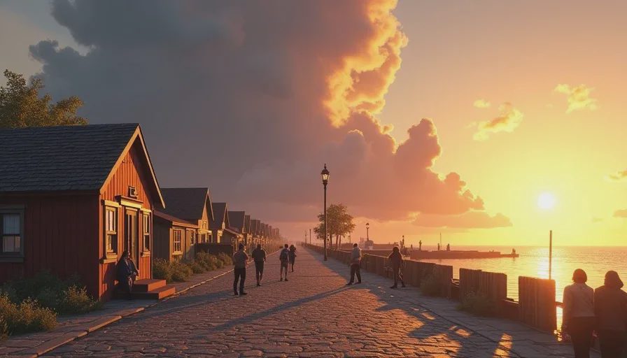 A polished coastal town at golden hour from a narrative game, the calm image its safe ending wants you to remember