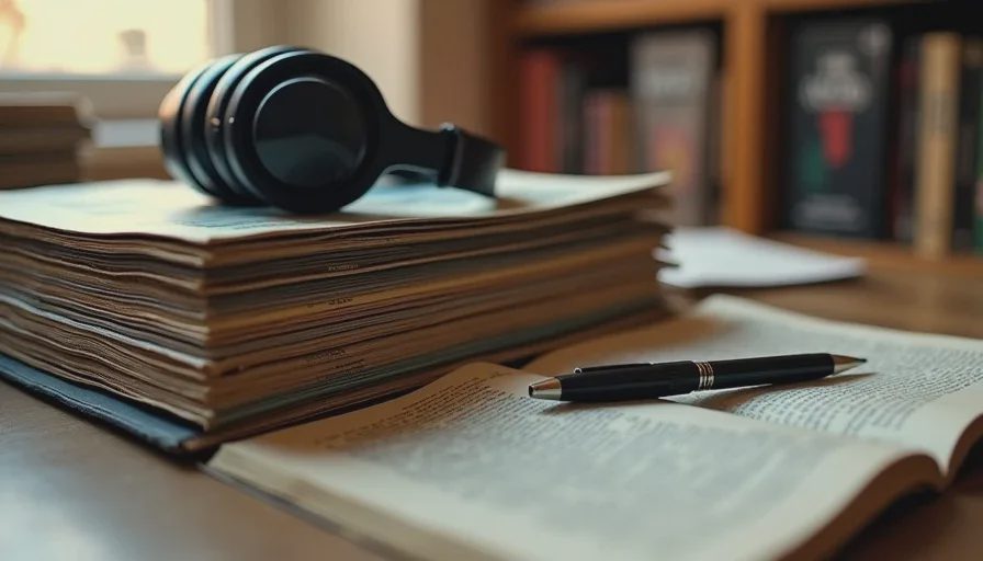 Stack of aging game review magazines with faded highlighter marks and a modern gaming headset draped on top