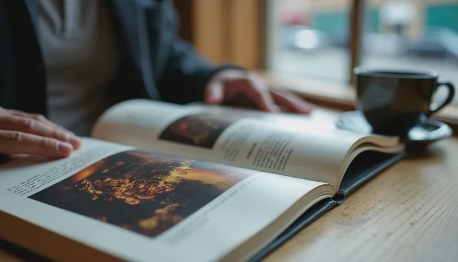A critic's hands reading an old printed strategy guide at a Madison coffee shop table