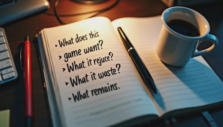 An open review notebook showing the four prompts a critic asks of every game: what does it want, refuse, waste, and what remains