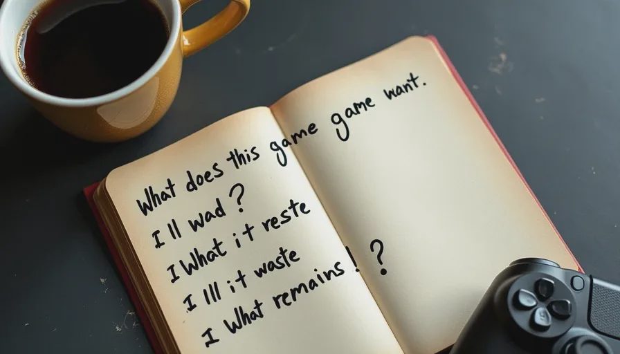 Top-down flat lay of a notebook with four handwritten game analysis prompts beside a coffee mug and controller