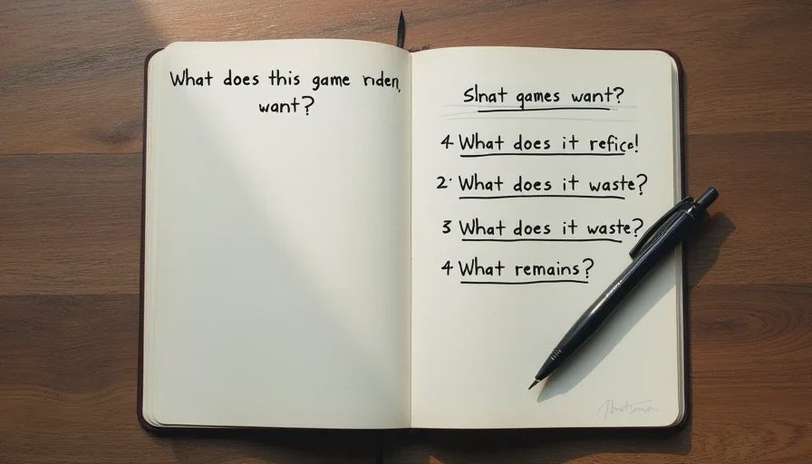 An open notebook with handwritten game titles and four review questions at the top