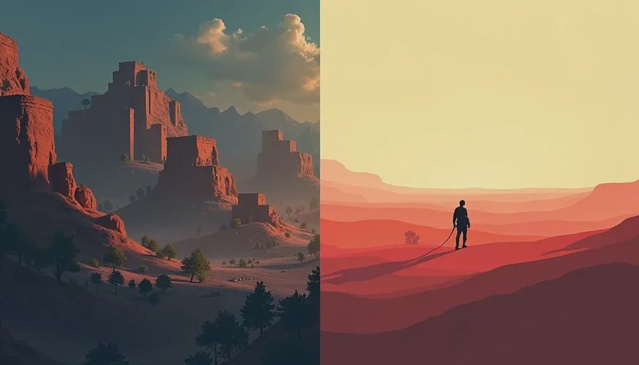 A split conceptual image comparing a dense AAA open-world environment on the left with a minimalist indie game scene on the right