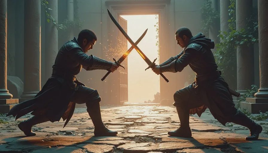 Close-up of a parry reversal between Emberline protagonist and an enemy in a ruined courtyard
