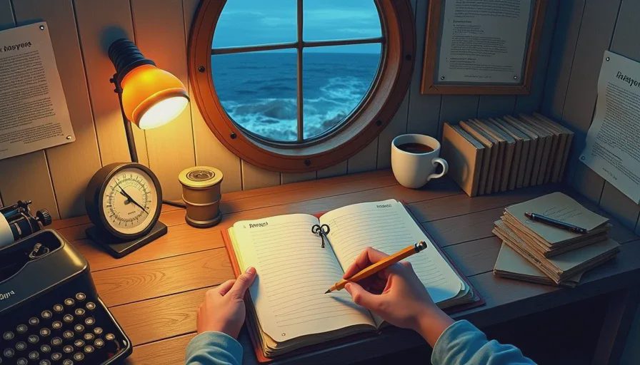 Tidewater Station gameplay view of the keeper's desk with logbook, letters, and fuel gauge