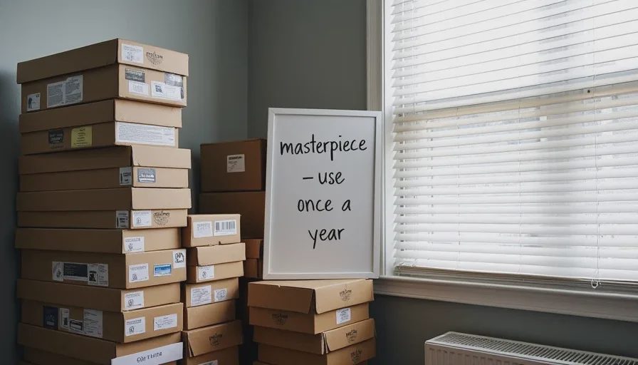 A stack of unopened press kits beside a whiteboard that says masterpiece use once a year