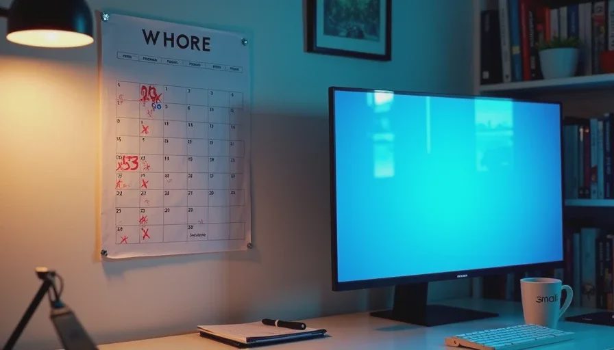 Wall calendar with thirty days marked off in red pen beside a gaming monitor showing a paused game and stacked review notes