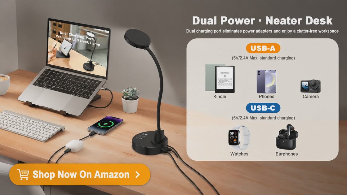 LED desk lamp with dual USB-A and USB-C charging ports for Kindle, phones, watches, and earbuds.