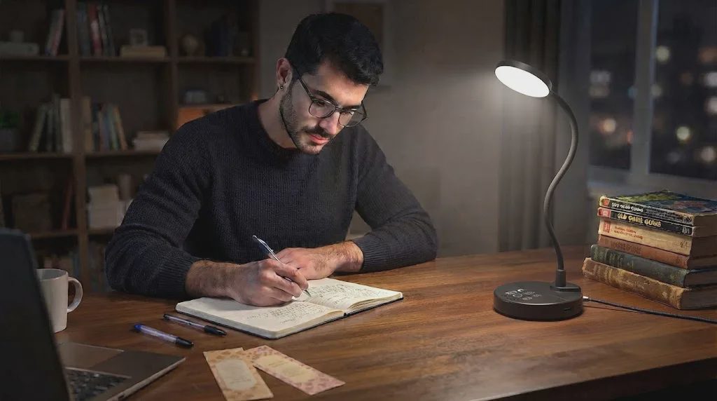 desk lamp with USB charging ports in actual use