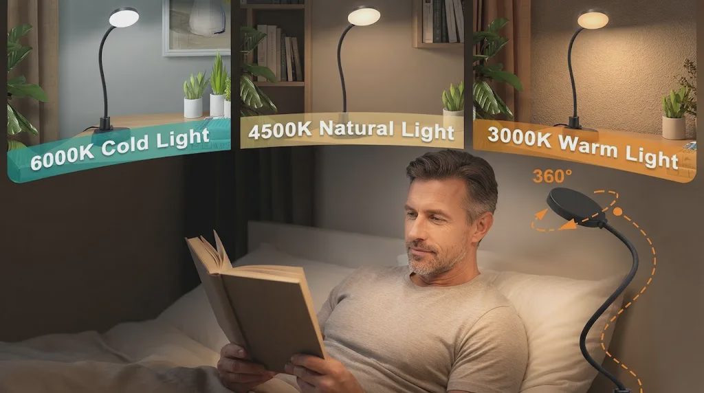 ZAPLIT LED desk lamp showing 6000K cold, 4500K natural, and 3000K warm light modes with a 360-degree flexible gooseneck.