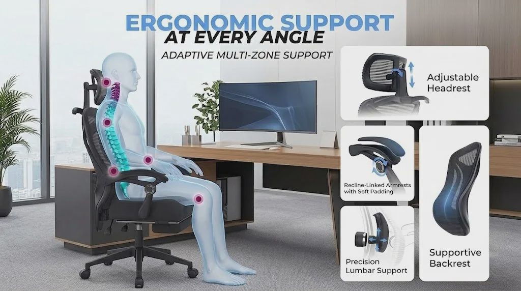 adjustable lumbar and headrest on ergonomic office chair