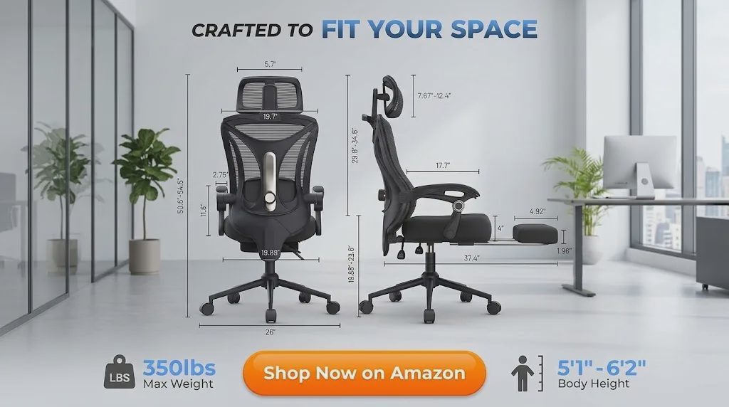 CYKOV ergonomic office chair dimensions: 350 lbs max weight, fits 5'1" to 6'2" body height, with adjustable headrest, lumbar support, and footrest.