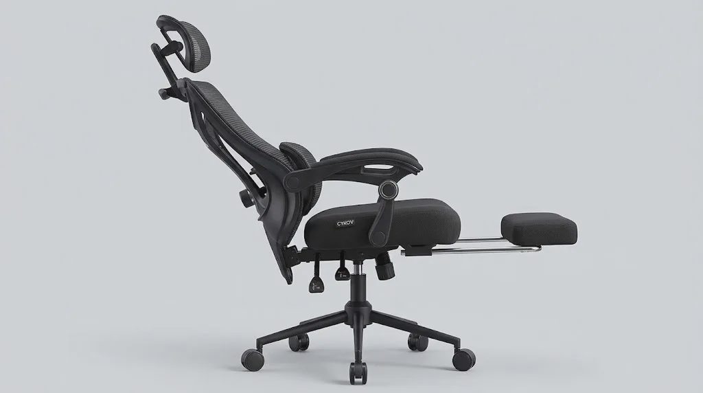 reclining office chair with footrest extended for short break